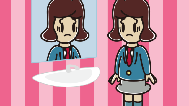 鏡を見て困る女子高校生のイラスト【色、背景あり】PNG