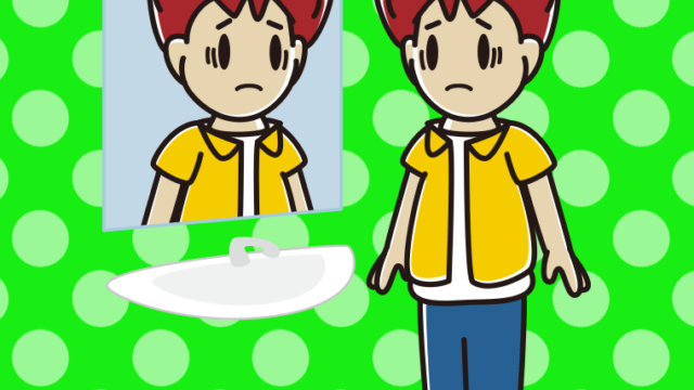 鏡を見て困る男子大学生のイラスト【色、背景あり】PNG