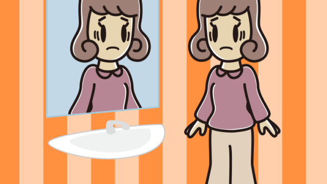 鏡を見て困る女子大学生のイラスト【色、背景あり】PNG