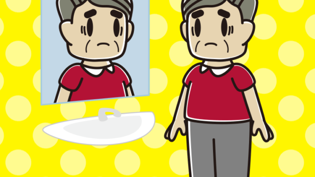 鏡を見て困るおじさんのイラスト【色、背景あり】PNG