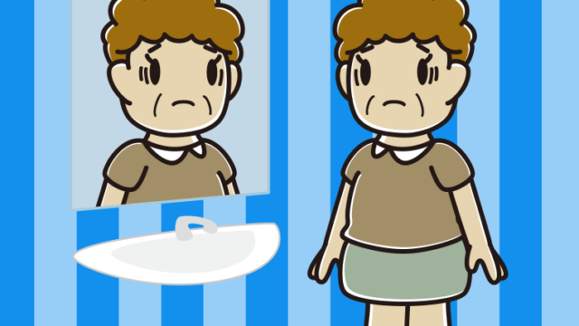 鏡を見て困るおばさんのイラスト【色、背景あり】PNG