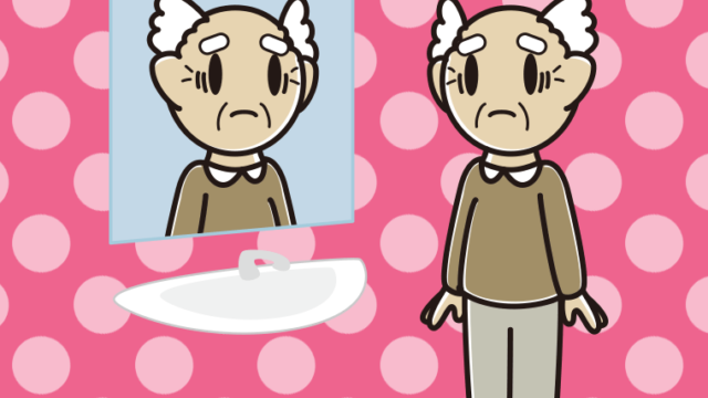 鏡を見て困るおじいさんのイラスト【色、背景あり】PNG