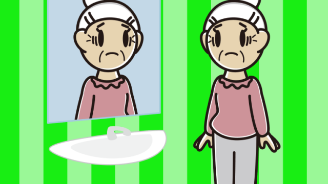 鏡を見て困るおばあさんのイラスト【色、背景あり】PNG