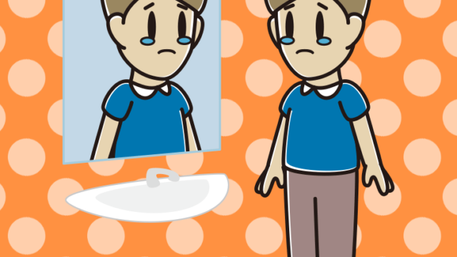 鏡を見て泣く男性のイラスト【色、背景あり】PNG