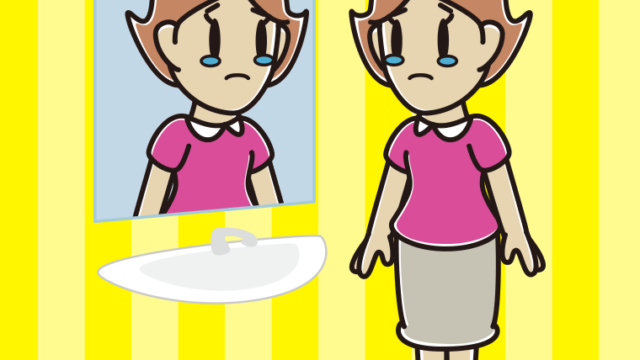 鏡を見て泣く女性のイラスト【色、背景あり】PNG