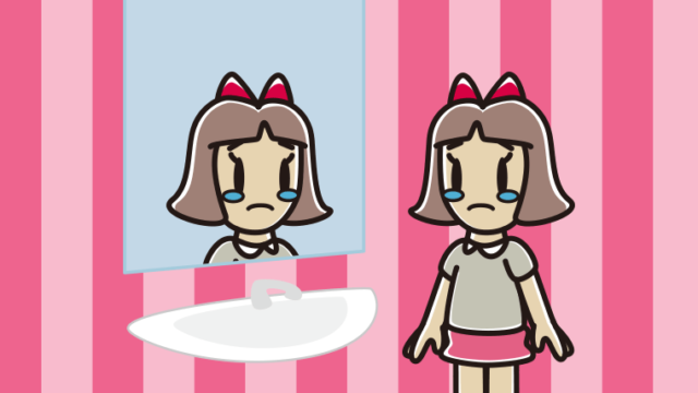 鏡を見て泣く小学生女子のイラスト【色、背景あり】PNG