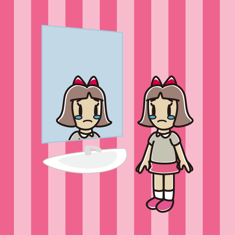 鏡を見て泣く小学生女子のイラスト【色、背景あり】PNG