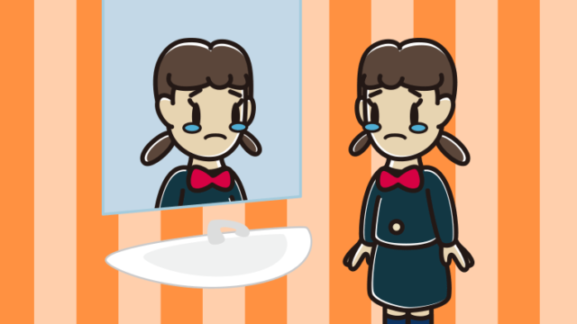 鏡を見て泣く女子中学生のイラスト【色、背景あり】PNG