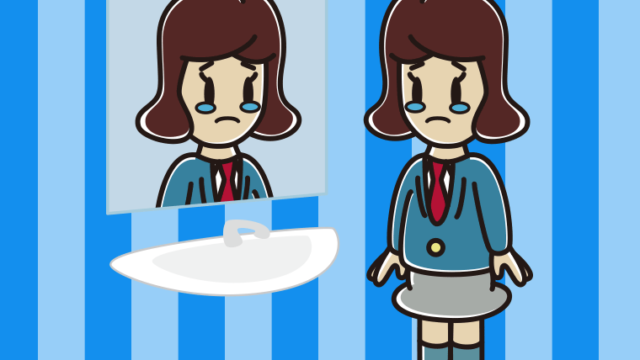 鏡を見て泣く女子高校生のイラスト【色、背景あり】PNG