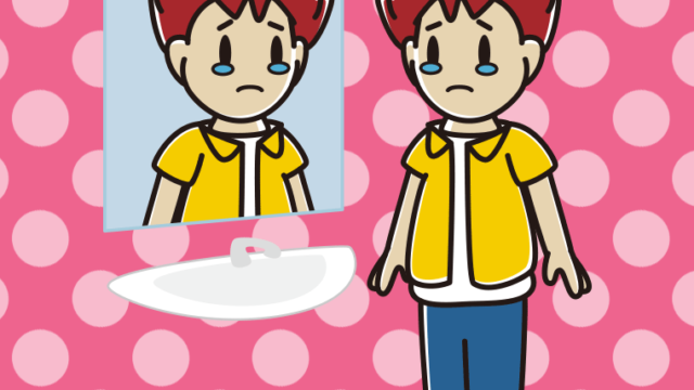 鏡を見て泣く男子大学生のイラスト【色、背景あり】PNG