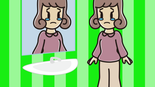 鏡を見て泣く女子大学生のイラスト【色、背景あり】PNG