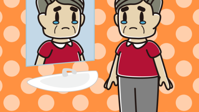 鏡を見て泣くおじさんのイラスト【色、背景あり】PNG