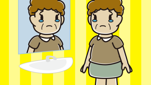 鏡を見て泣くおばさんのイラスト【色、背景あり】PNG