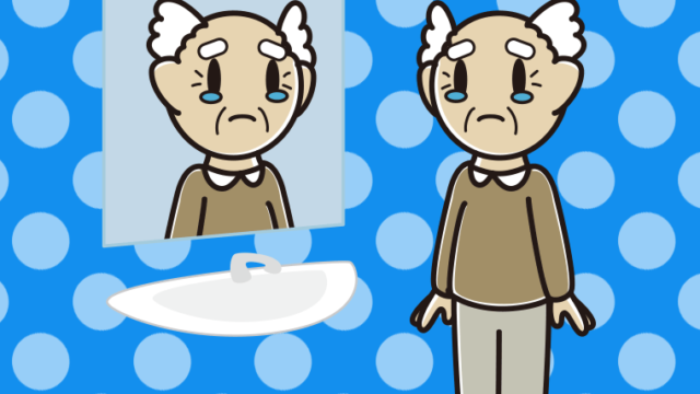 鏡を見て泣くおじいさんのイラスト【色、背景あり】PNG