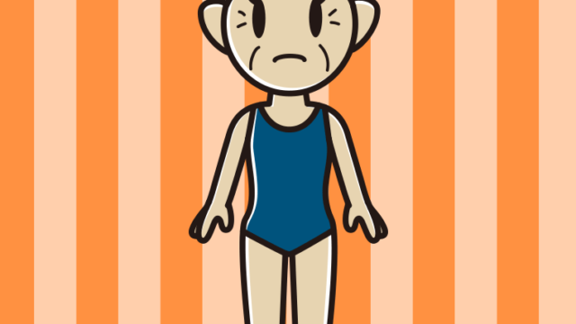 困るスクール水着のおばあさんのイラスト【色、背景あり】PNG