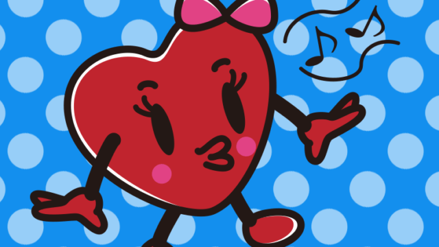 口笛を吹くバレンタインチョコちゃんのイラスト【色、背景あり】PNG