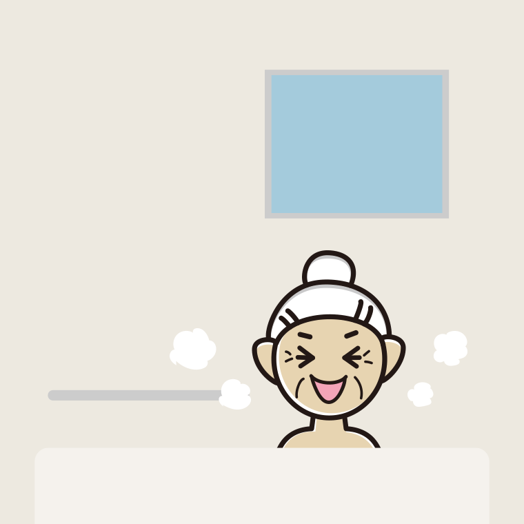 お風呂で笑うおばあさんのイラスト【色、背景あり】PNG