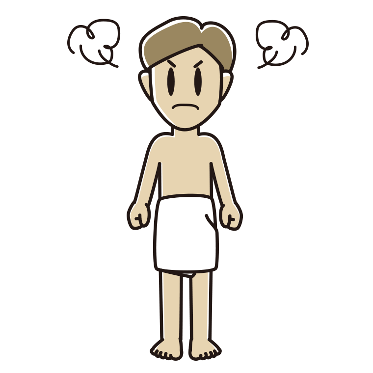 怒るバスタオル姿の男性のイラスト【色あり、背景なし】透過PNG