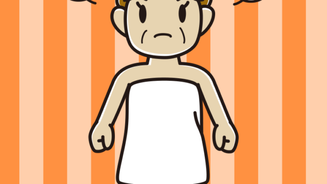 怒るバスタオル姿のおばさんのイラスト【色、背景あり】PNG