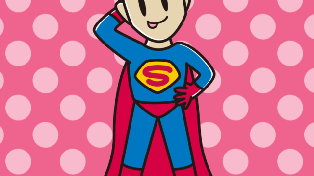 テヘヘなスーパーヒーローのイラスト【色、背景あり】PNG