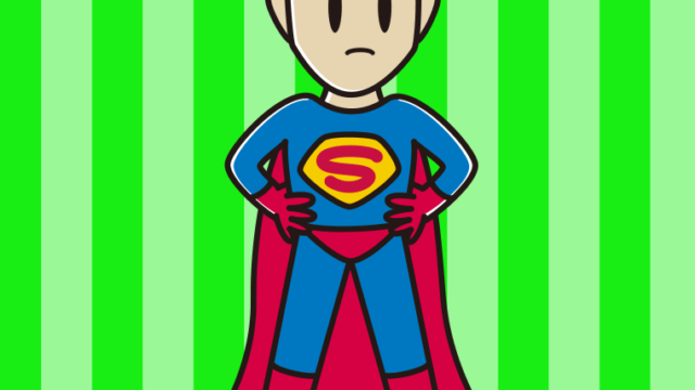 何かに気付くスーパーヒーローのイラスト【色、背景あり】PNG