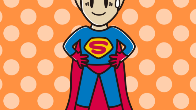 苦笑いするスーパーヒーローのイラスト【色、背景あり】PNG