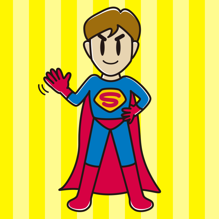手を振るスーパーヒーローのイラスト【色、背景あり】PNG