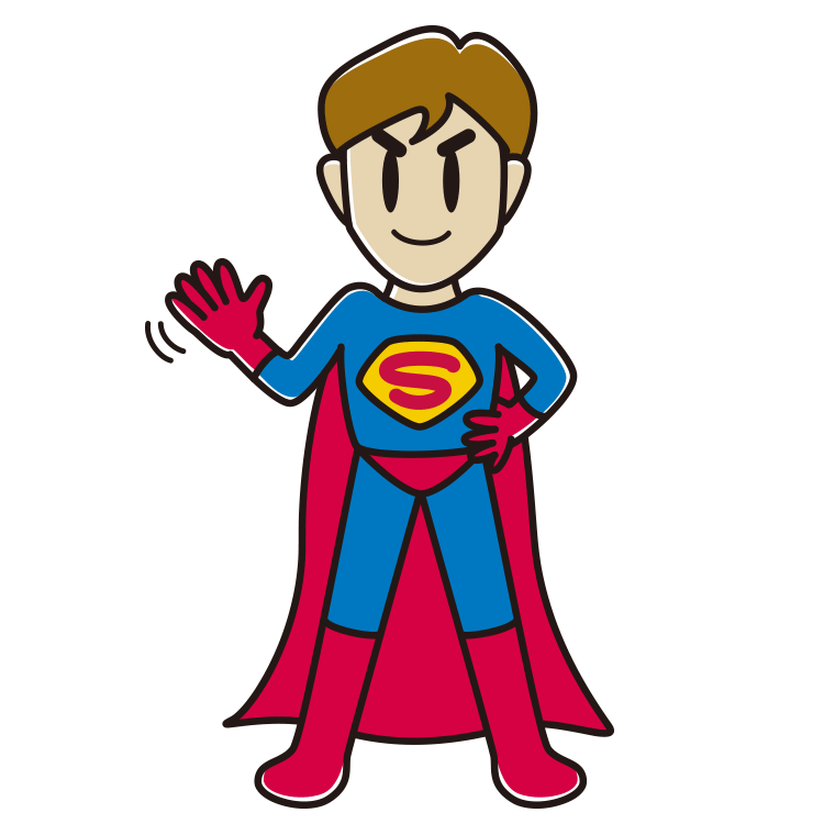 手を振るスーパーヒーローのイラスト【色あり、背景なし】透過PNG