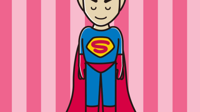 お辞儀するスーパーヒーローのイラスト【色、背景あり】PNG