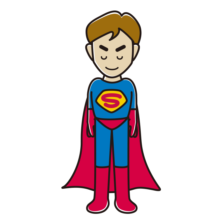 お辞儀するスーパーヒーローのイラスト【色あり、背景なし】透過PNG