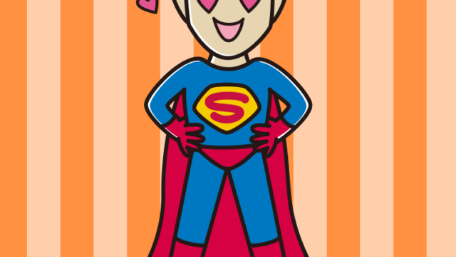 目がハートのスーパーヒーローのイラスト【色、背景あり】PNG