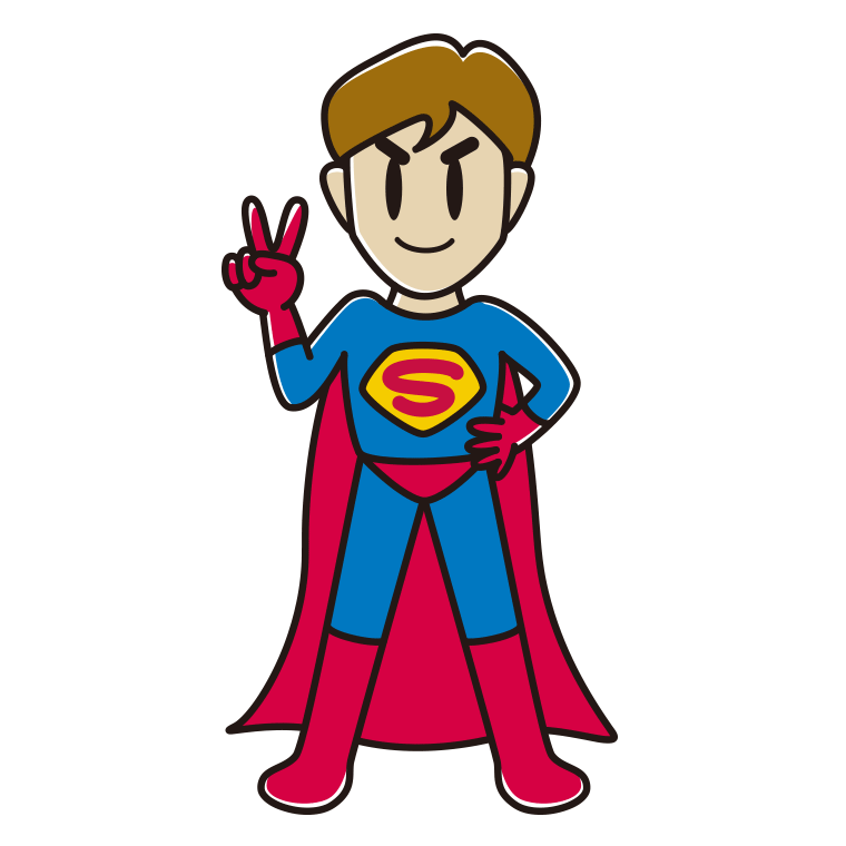 ピースをするスーパーヒーローのイラスト【色あり、背景なし】透過PNG