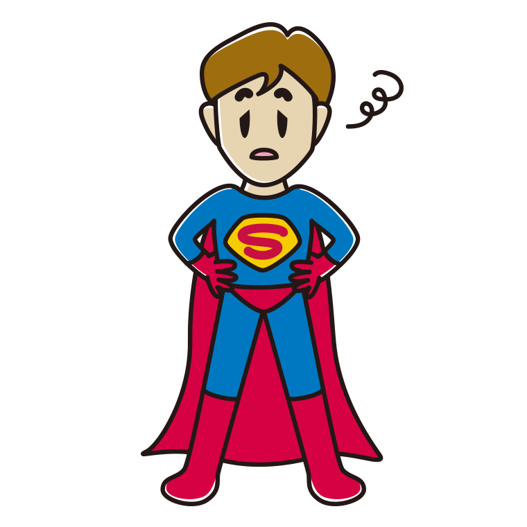 ぼーっとするスーパーヒーローのイラスト【色あり、背景なし】透過PNG