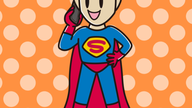 スマホで電話するスーパーヒーローのイラスト【色、背景あり】PNG