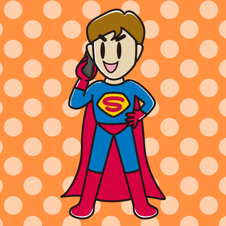 スマホで電話するスーパーヒーローのイラスト【色、背景あり】PNG
