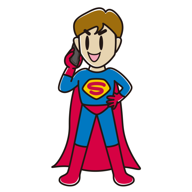 スマホで電話するスーパーヒーローのイラスト【色あり、背景なし】透過PNG