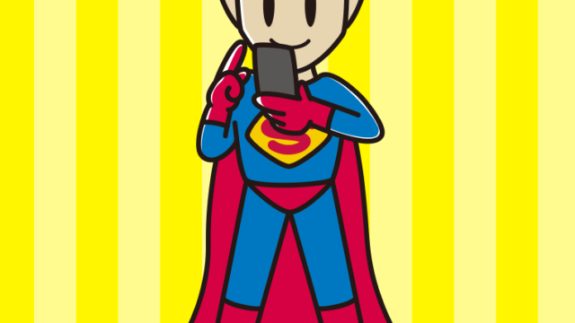 スマホを使うスーパーヒーローのイラスト【色、背景あり】PNG