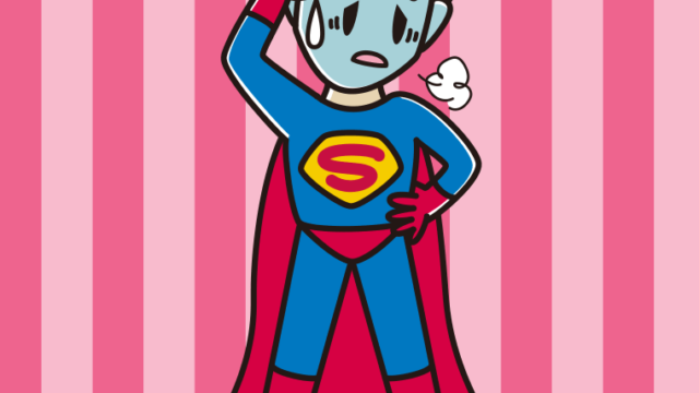 具合が悪いスーパーヒーローのイラスト【色、背景あり】PNG