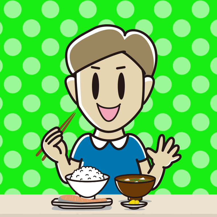 朝食（和食）を食べる男性のイラスト【色、背景あり】PNG
