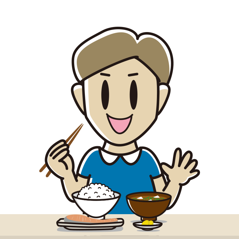 朝食（和食）を食べる男性のイラスト【色あり、背景なし】透過PNG