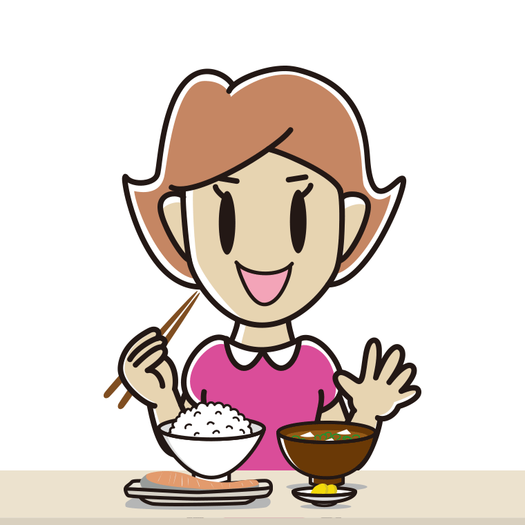 朝食（和食）を食べる女性のイラスト【色あり、背景なし】透過PNG