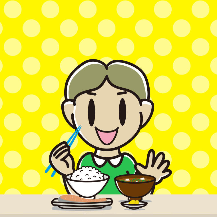 朝食（和食）を食べる小学生男子のイラスト【色、背景あり】PNG