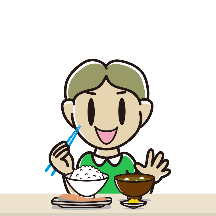朝食（和食）を食べる小学生男子のイラスト【色あり、背景なし】透過PNG