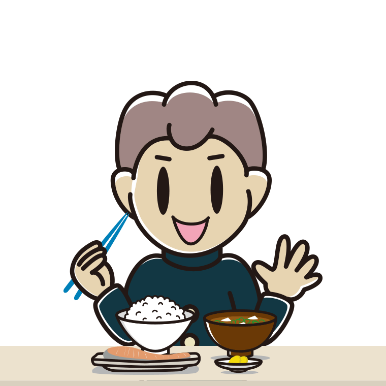 朝食（和食）を食べる男子中学生のイラスト【色あり、背景なし】透過PNG