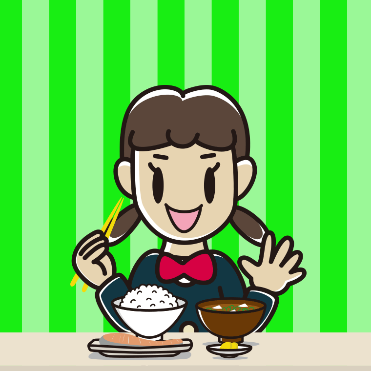 朝食（和食）を食べる女子中学生のイラスト【色、背景あり】PNG