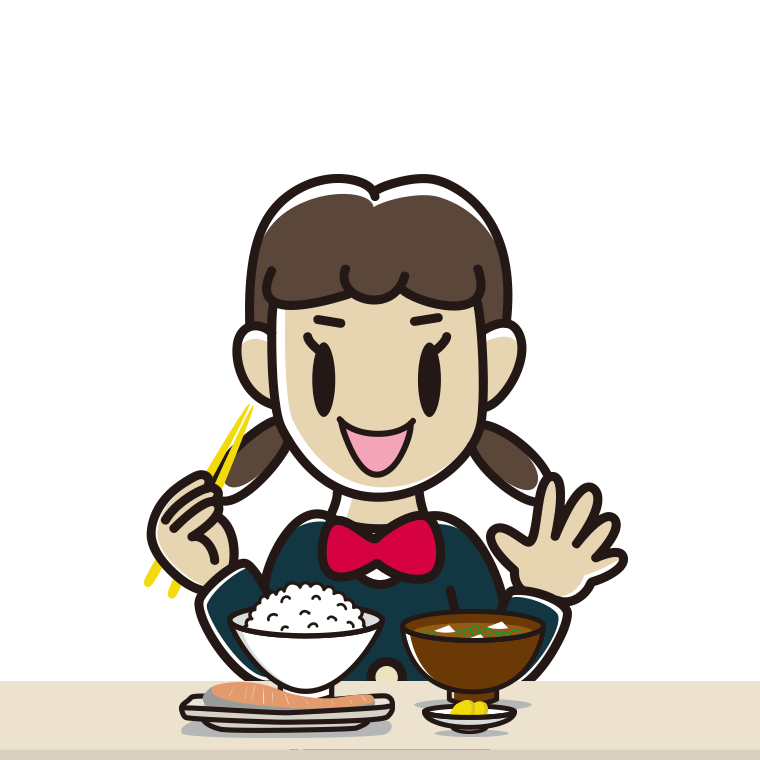 朝食（和食）を食べる女子中学生のイラスト【色あり、背景なし】透過PNG