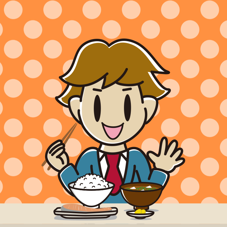 朝食（和食）を食べる男子高校生のイラスト【色、背景あり】PNG