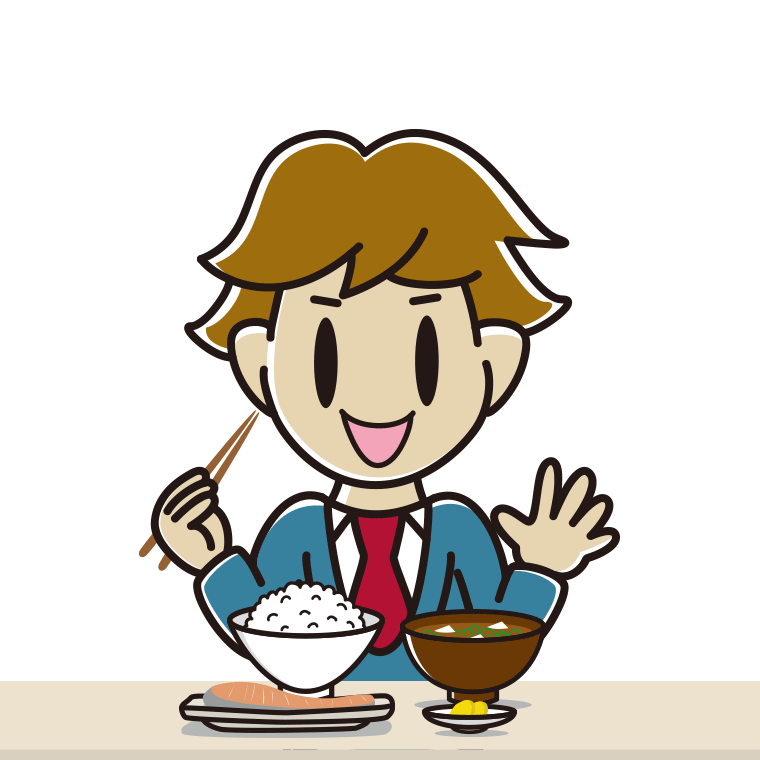 朝食（和食）を食べる男子高校生のイラスト【色あり、背景なし】透過PNG