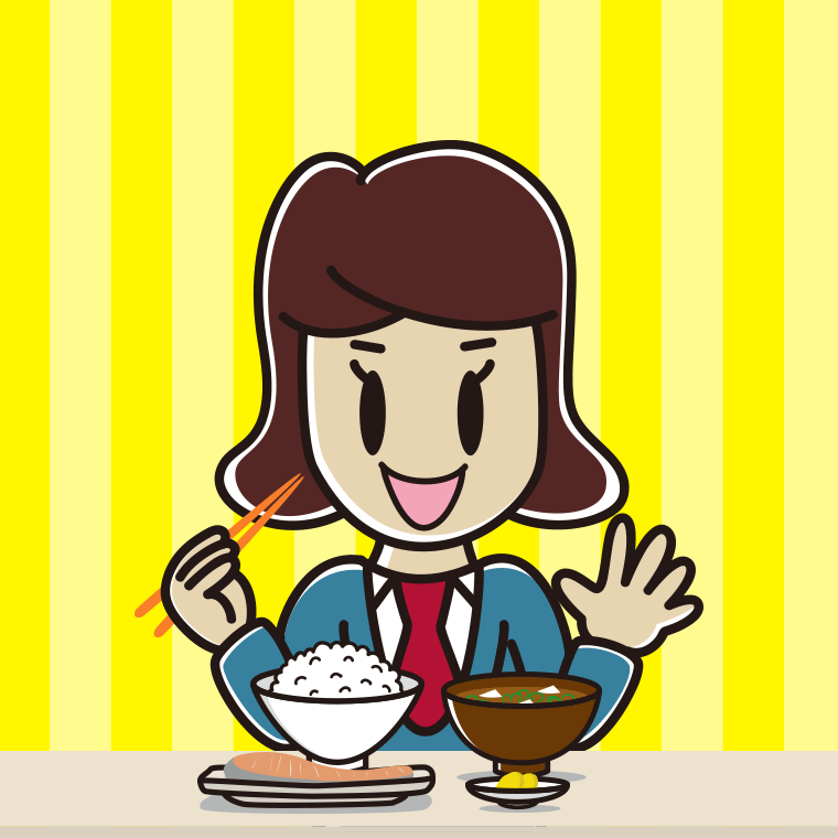 朝食（和食）を食べる女子高校生のイラスト【色、背景あり】PNG