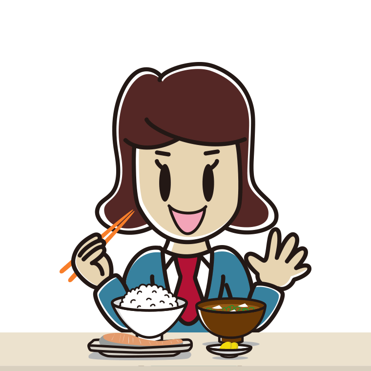 朝食（和食）を食べる女子高校生のイラスト【色あり、背景なし】透過PNG